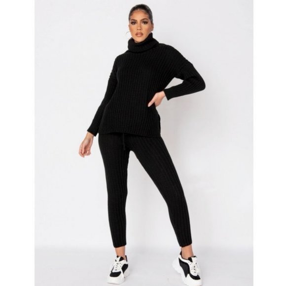 Sweaters - Black Knitted Long Sleeve Turtle Neck Sweater Top and Leggings Two Piece Set